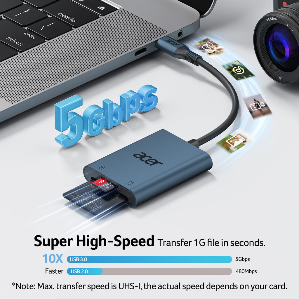 Acer USB-C SD Card Reader, High Speed Type-C Micro SD Card Adapter, USBC External Memory Card Reader SDXC, Micro SDXC Card, Compatible with MacBook Pro/Air, Acer Laptop, iPhone 16, Camera -Silver