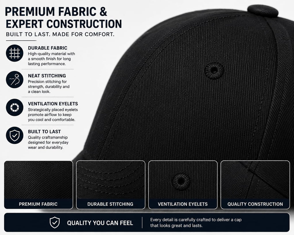 Baseball Cap for Men & Women, Adjustable Unisex 6 Panel Hat with Curved Peak, Breathable Eyelets, One Size Fits Most, Casual Sports Outdoor Wear