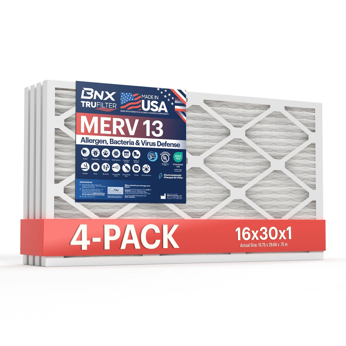 BNX TruFilter 20x20x1 Air Filter MERV 13 Smoke, Allergy, Pet Defense 6-Pack