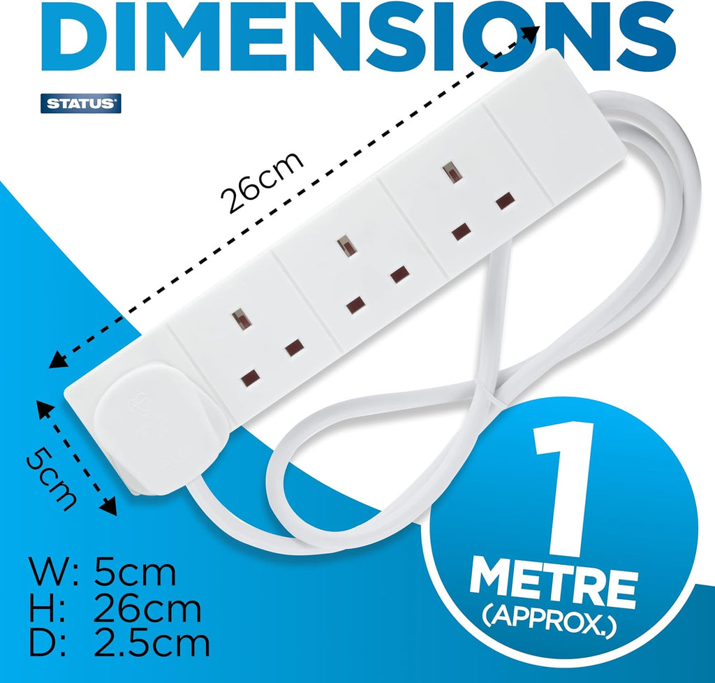 STATUS 4 Way Socket Extension Lead, 1m Cable, White (4WS1M20)