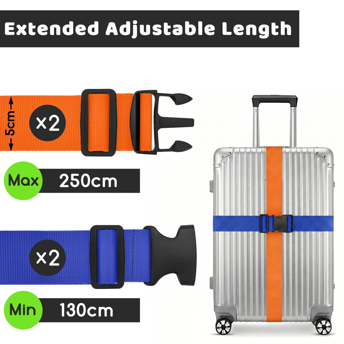 WISYOK Luggage Straps Extended, 4 Pack, 130-250cm Adjustable, Pink SkyBlue