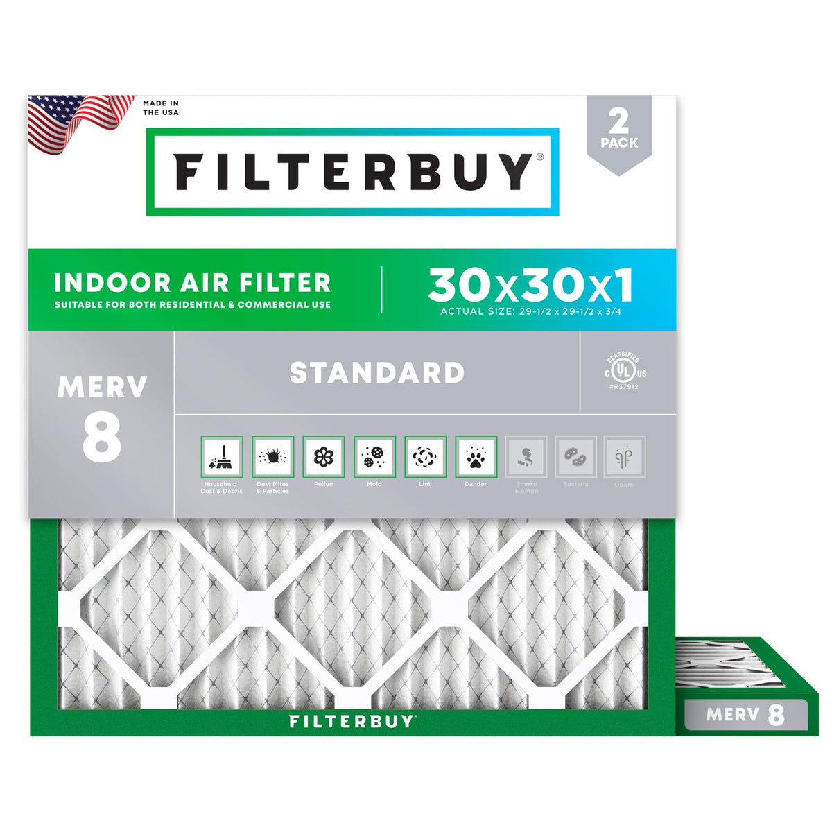 Filterbuy 18x18x1 Air Filter MERV 8 Dust & Allergy Defense (2-Pack)