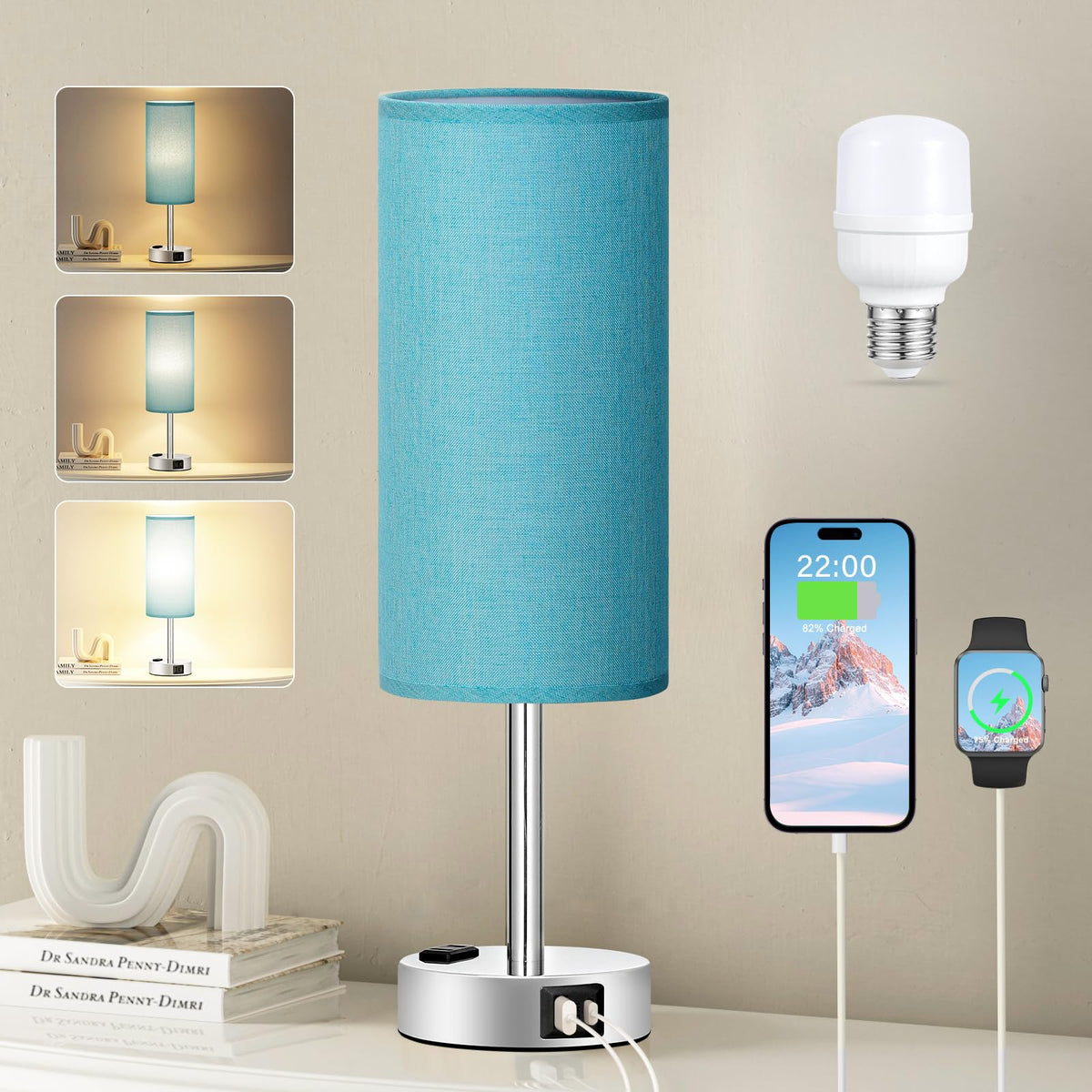 Fenmzee Bedside Table Lamp Set of 2 - Dimmable Touch, USB A+C, AC Outlet