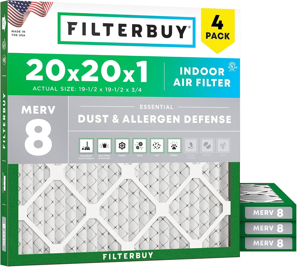 Filterbuy 20x20x1 Air Filter MERV 8 Dust & Allergy Defense (4-Pack)