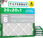 Filterbuy 20x20x1 Air Filter MERV 8 Dust & Allergy Defense (4-Pack)