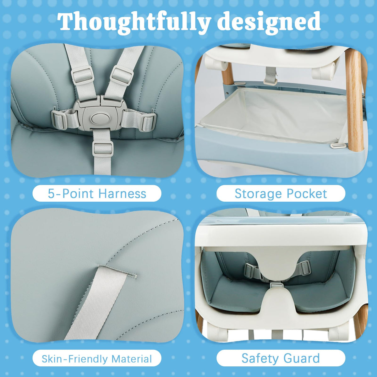 Baby High Chair Foldable Highchair, High Chairs for Babies and Toddlers Adjustable Height & Reclining Seat Detachable Double Tray, Ergonomic Feeding Portable Highchairs for Newborn 6 Months to 5 Years