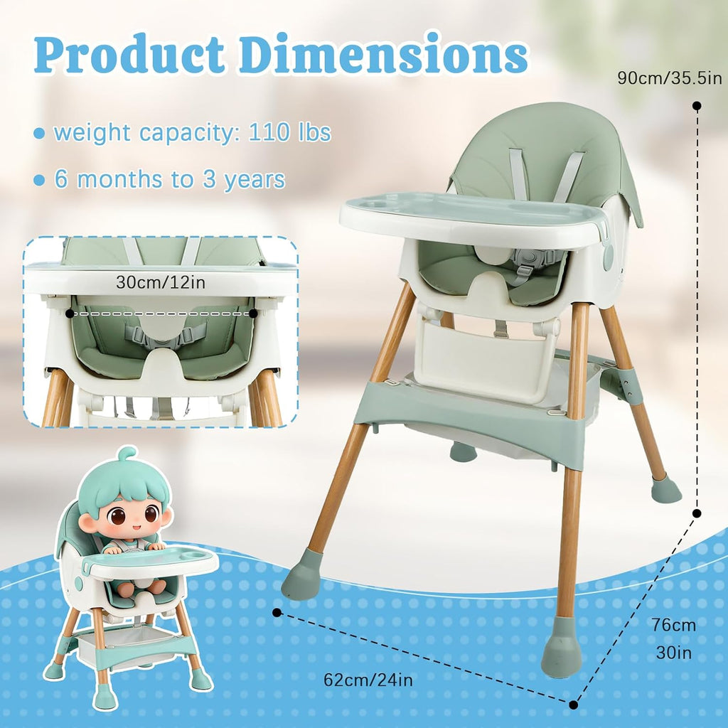 Baby High Chair Foldable Highchair, High Chairs for Babies and Toddlers Adjustable Height & Reclining Seat Detachable Double Tray, Ergonomic Feeding Portable Highchairs for Newborn 6 Months to 5 Years