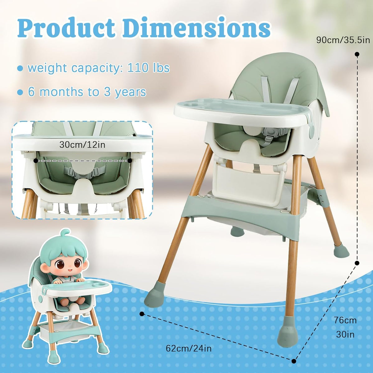Baby High Chair Foldable Highchair, High Chairs for Babies and Toddlers Adjustable Height & Reclining Seat Detachable Double Tray, Ergonomic Feeding Portable Highchairs for Newborn 6 Months to 5 Years