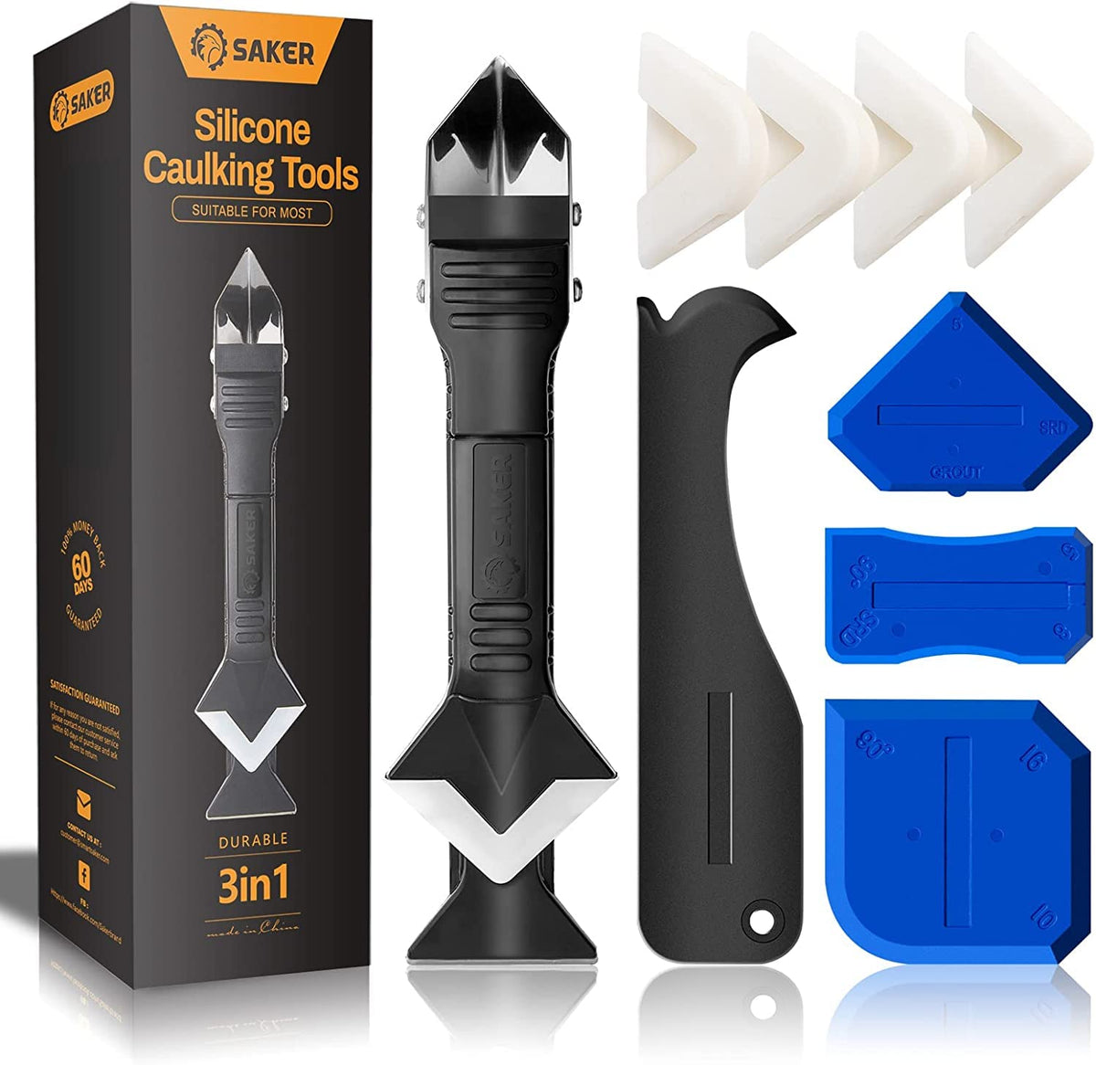 Saker Silicone Caulking Tool 3-in-1 Grout Removal Tool Classic Black