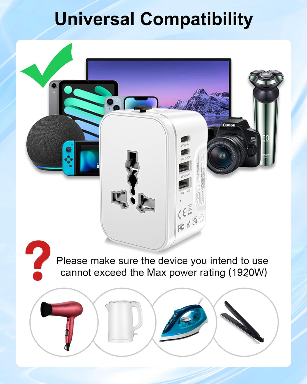 Universal Travel Adapter Worldwide with 2 USB C and 2 USB A Ports, International Travel Plug Adapter Worldwide USB Travel Adaptor All in One Universal Charger Power Adapter for European EU US UK AUS