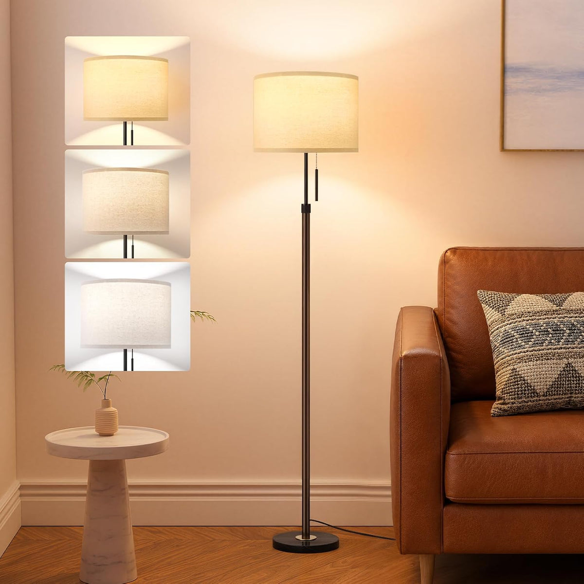 Ambimall Floor Lamp for Living Room with Smart Light Bulb, RGB + Stepless Dimmable Colors Temperature & Brightness(White Shade & Black Pole)