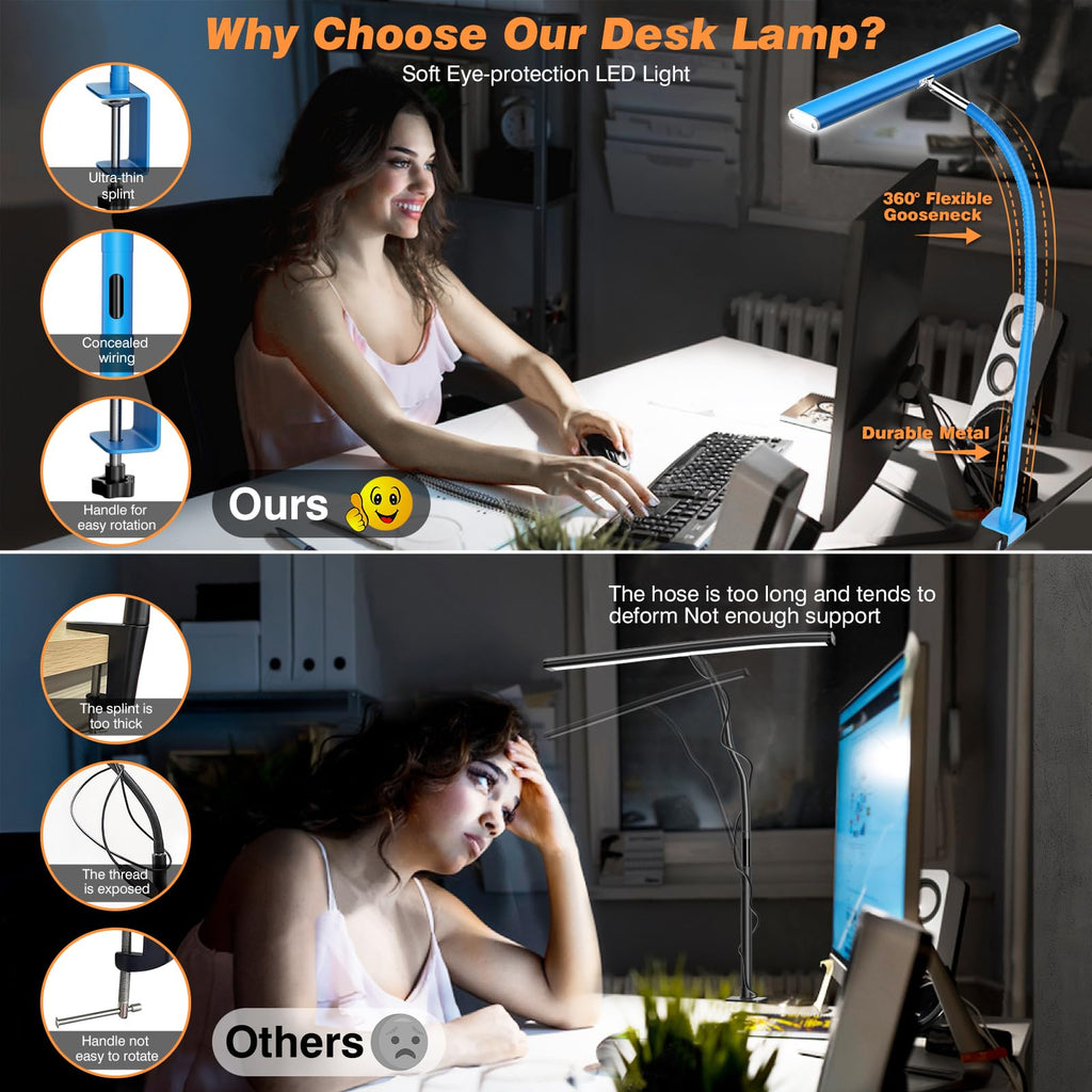 Airlonv LED Desk Lamp with Clamp, 17" Stepless Dimming Light, Black