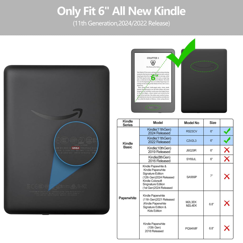 TQQ Case Fits 6" Amazon Kindle 11th Generation 2024 and 2022, Premium Slim and Lightweight Cover, Full Protection, Auto Sleep/Wake, Magnetic Closure (NOT fit Paperwhite or Oasis)