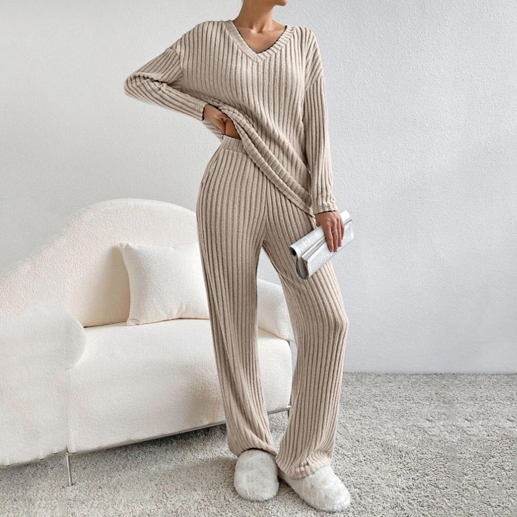 Lounge Wear Sets For Women Uk, Womens Pyjamas Set Long, Ladies Ribbed Loungewear Knit Outfits Womens Tracksuits 2 Piece Set V Neck Casual Casual Homewear