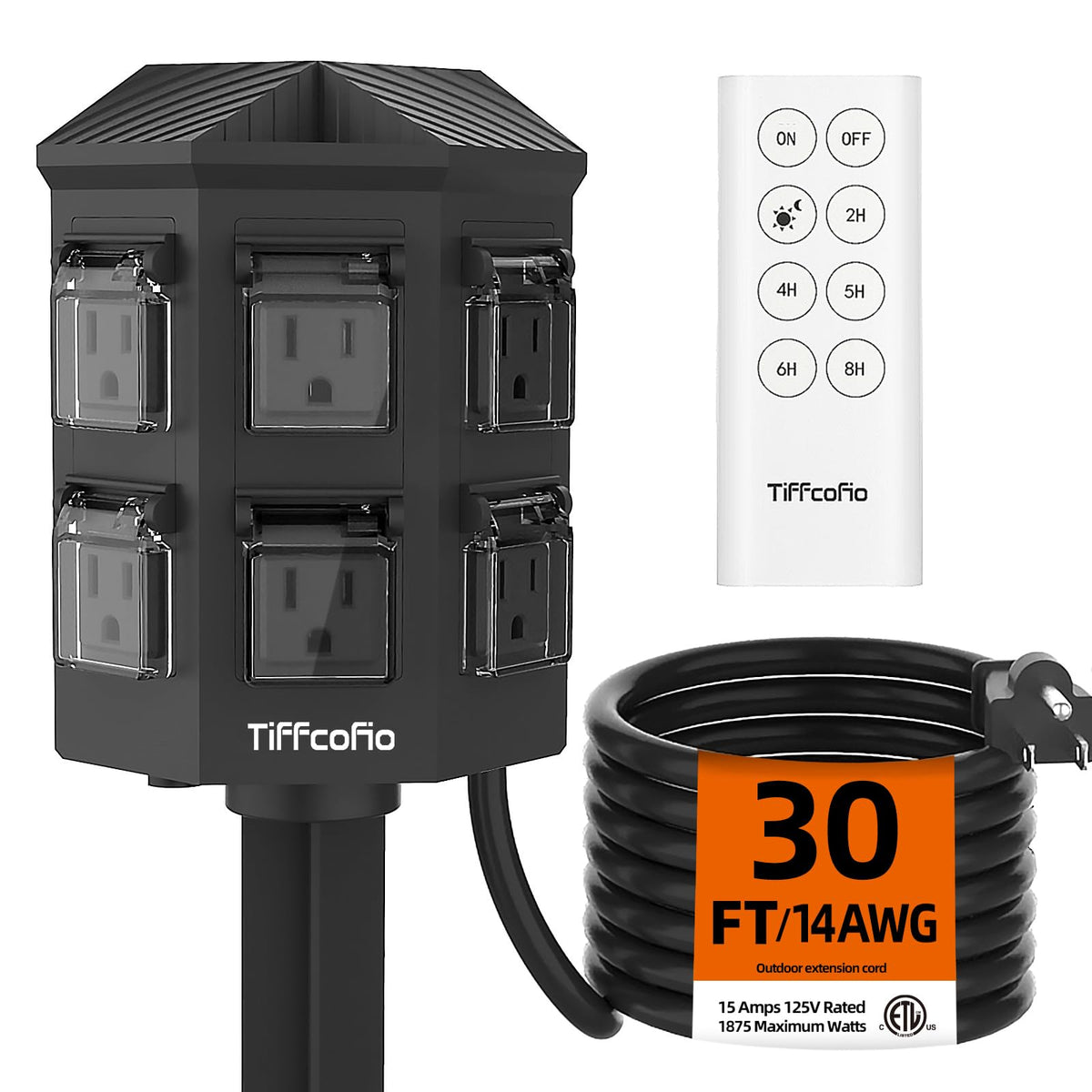 TiFFCOFiO Outdoor Power Stake Timer, 100FT Remote Control, Dusk to Dawn Christmas Light Timer, 6FT Extension Cord Waterproof, 6 Grounded Outlets for Outdoor Christmas Decorations, ETL Listed