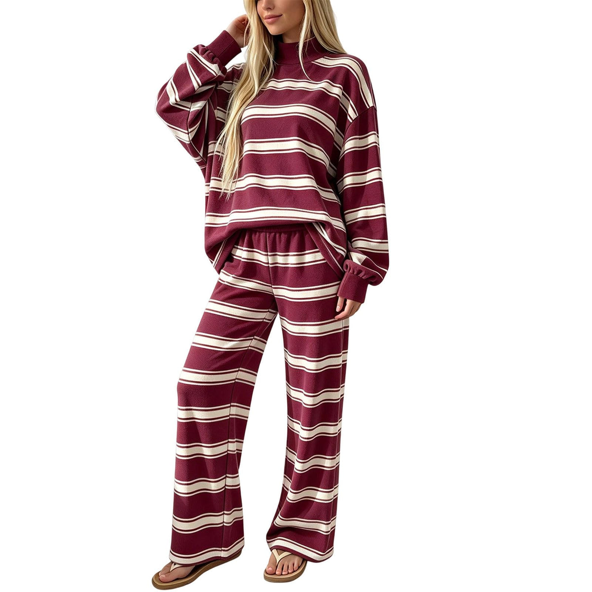 Striped Lounge Wear Sets for Women UK 2 Piece Outfits Loungewear Travel Matching Pyjamas Sets Mock Neck Oversized Knitted Jumper Long Sleeve Top and Wide Leg Pants Fall Winter