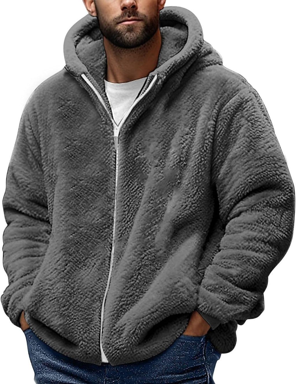 Teddy Fleece Jacket Mens, Full Zip Up Hoodies Long Sleeve Sherpa Fleece Winter Coats Fluffy Warm Jackets Thick Plush Oversized Hoodie Thermal Hooded Jumper Coat Cozy Cardigan Plus Size
