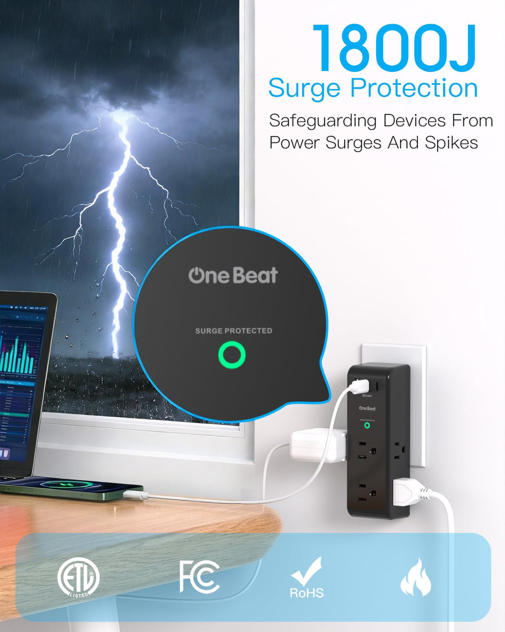 Surge Protector Outlet Extender with Rotating Plug, Multi Plug Wall Outlet
