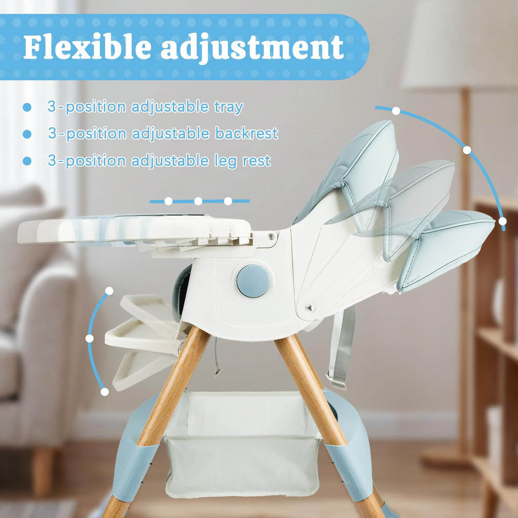 Baby High Chair Foldable Highchair, High Chairs for Babies and Toddlers Adjustable Height & Reclining Seat Detachable Double Tray, Ergonomic Feeding Portable Highchairs for Newborn 6 Months to 5 Years