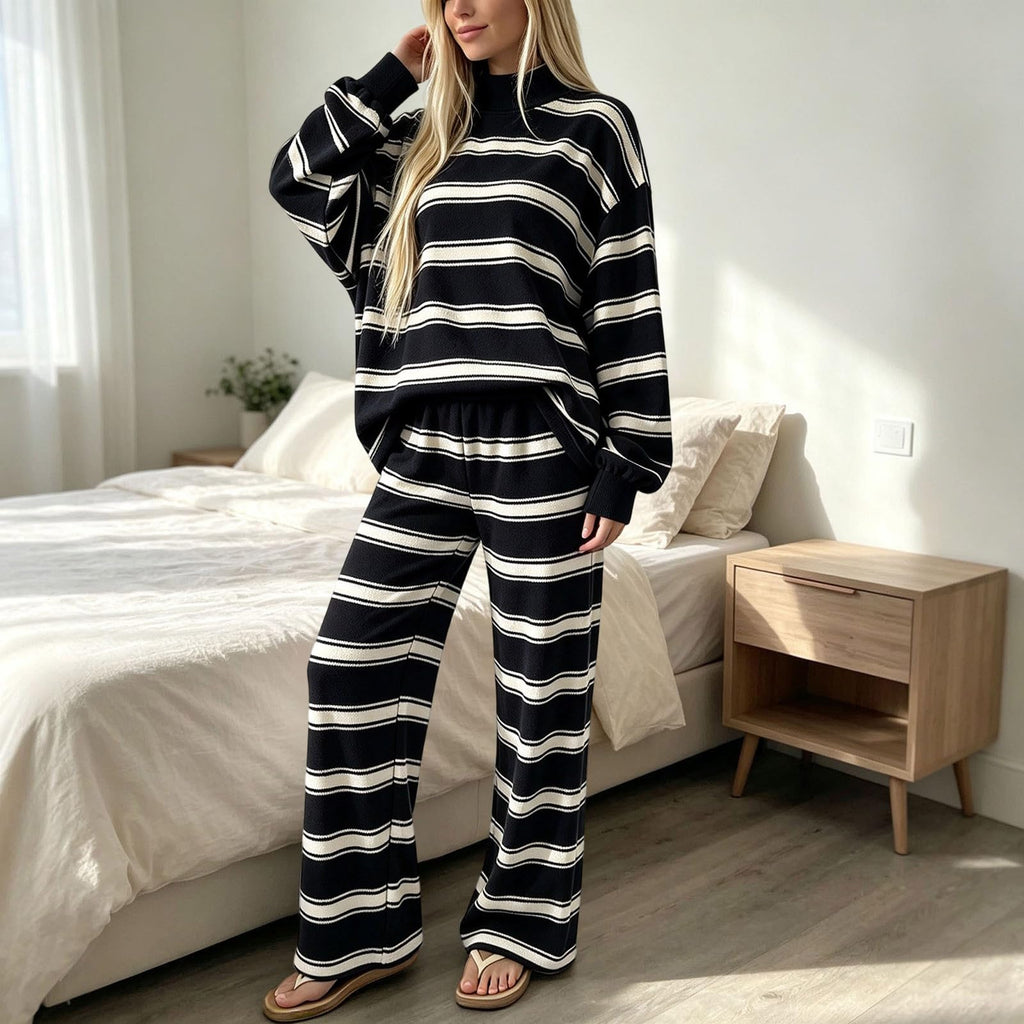 Striped Lounge Wear Sets for Women UK 2 Piece Outfits Loungewear Travel Matching Pyjamas Sets Mock Neck Oversized Knitted Jumper Long Sleeve Top and Wide Leg Pants Fall Winter