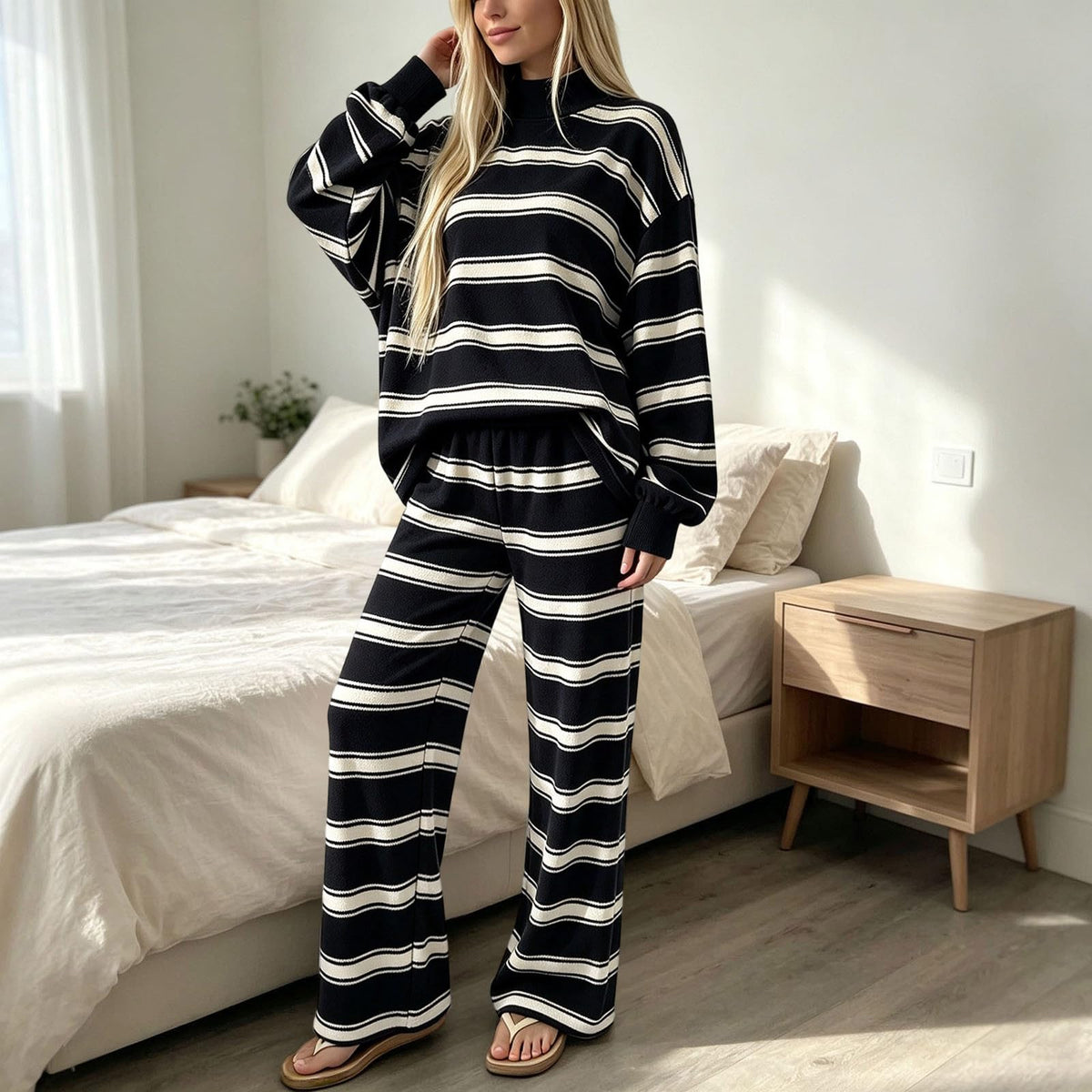 Striped Lounge Wear Sets for Women UK 2 Piece Outfits Loungewear Travel Matching Pyjamas Sets Mock Neck Oversized Knitted Jumper Long Sleeve Top and Wide Leg Pants Fall Winter