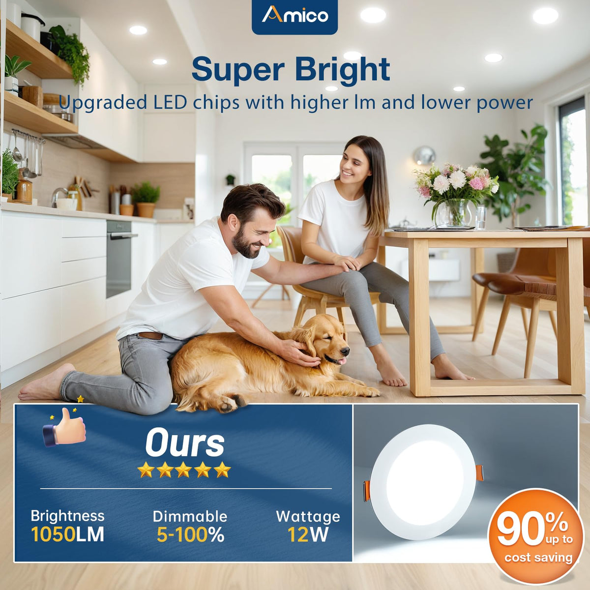 Amico 12 Pack 3 Inch LED Recessed Lighting, Canless Wafer Downlight, White