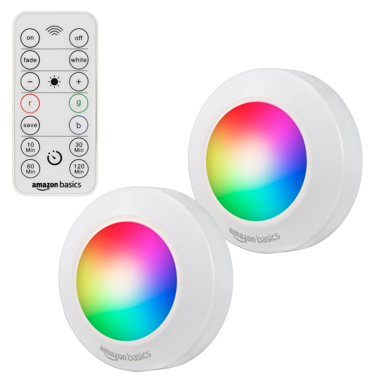 Amazon Basics LED Puck Lights, Battery Operated, 50 Lumens, Under Cabinet Lighting, Easy to Install, Easy to Use, Adhesive Backing, 2-Pack, White