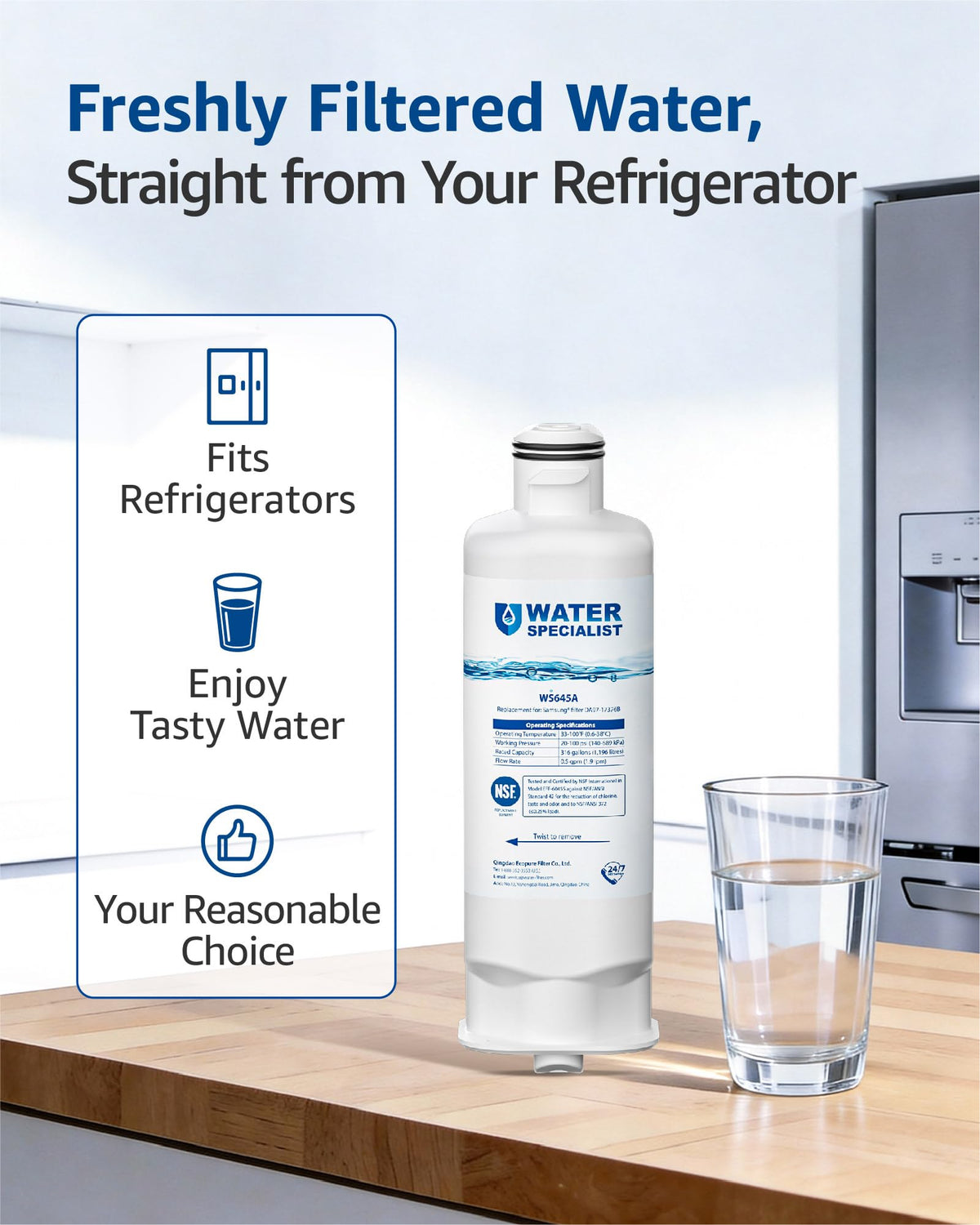 Waterspecialist WS645A Refrigerator Water Filter, Replacement for Samsung® DA97-17376B, HAF-QIN/EXP, HAF-QIN, RF28T5001SR, DA97-08006C, RS27T5200SR, RF28R7351SG, RF24R7201SR, RF27T5201SR, 3 Pack