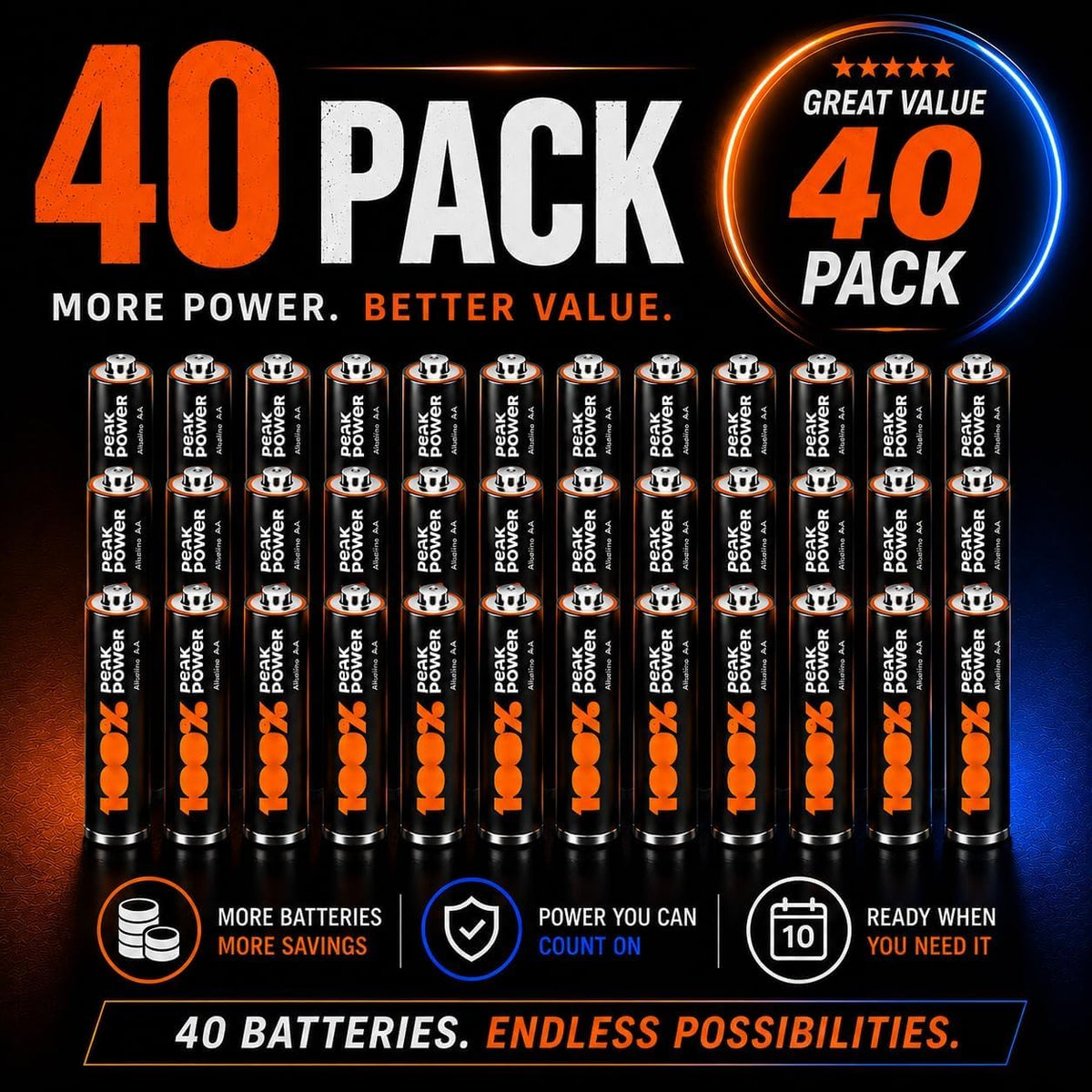100PP AA Batteries 40 Pack | Alkaline 1.5V, 10-Year Shelf Life
