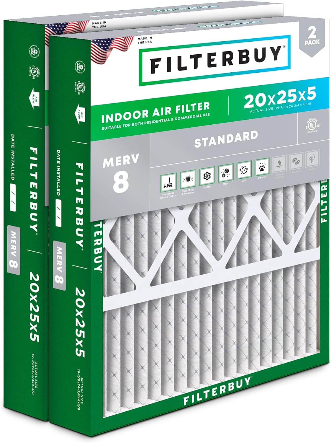 Filterbuy 22x24x5 Air Filter MERV 8 Dust & Allergy Defense (2-Pack)