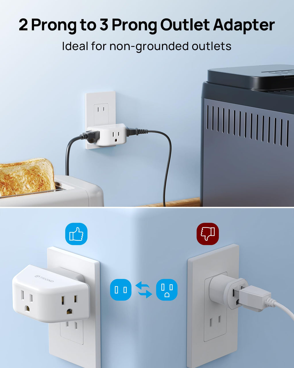 TROND Multi Plug Outlet Extender with USB, 2 Pack Plug Splitter