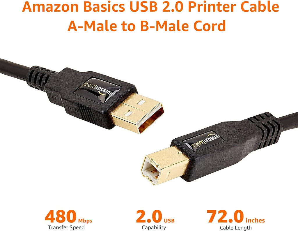 Amazon Basics USB Printer Cable, USB-A to USB-B 2.0, 1.8 m, Black