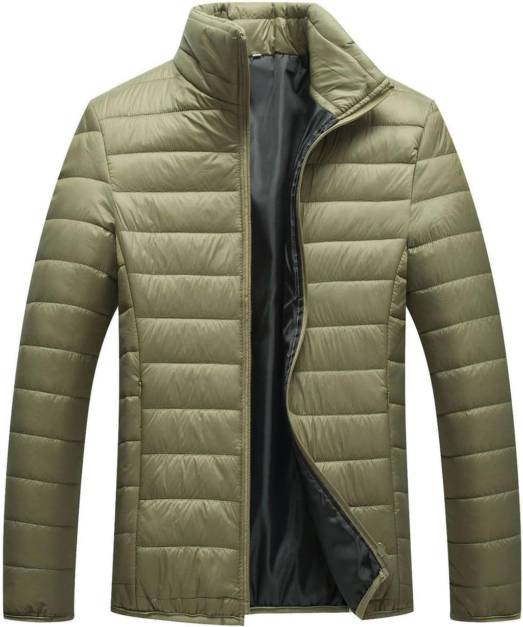 Men Winter Warm Down Jacket Long Sleeve Quilted Coats Casual Puffer Jackets Mens Outdoor Ski Hiking Windproof Stand Collar Full Zip Outwear Solid Color Thermal Coat