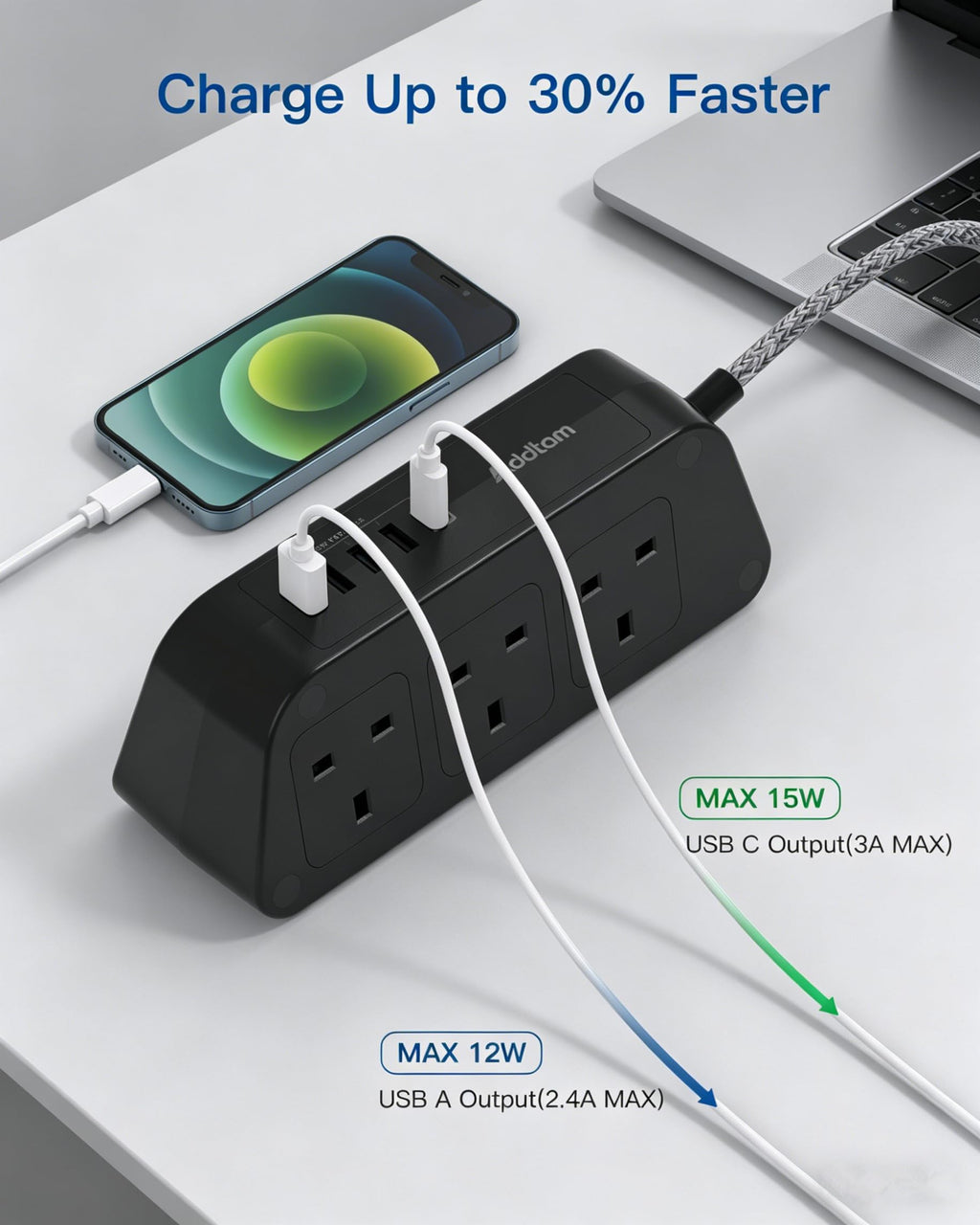 Extension Lead with USB Slots, 6 Way Outlets 5 USB (5A, 3 USB- C Port),1.6M