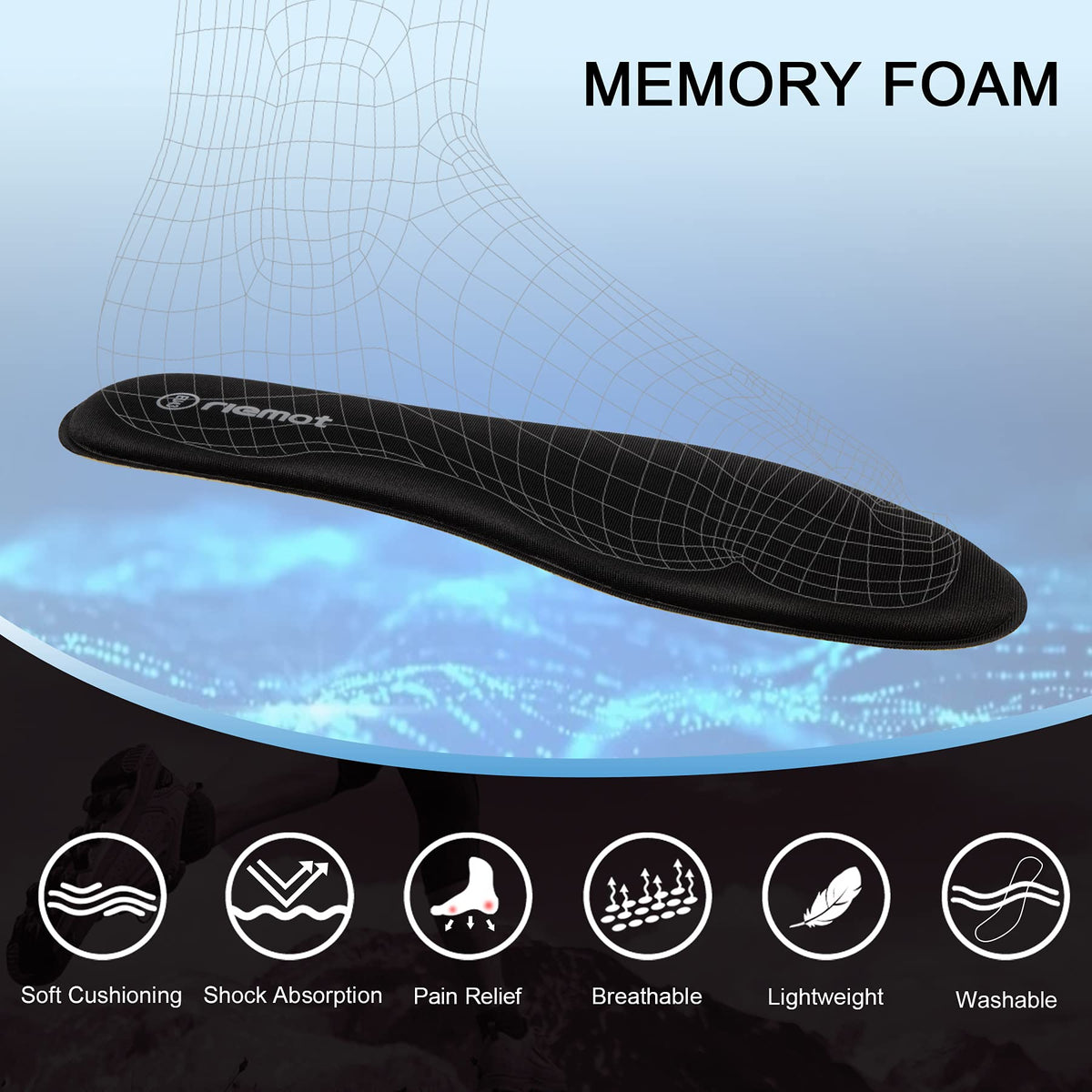 riemot Memory Foam Insoles for Men and Women - Replacement Shoe Inserts Comfort Cushioning for Sports Shoes, Trainers, Sneakers, Work Boots and Walking Shoes, Black with Yellow Base, UK8 / EU42