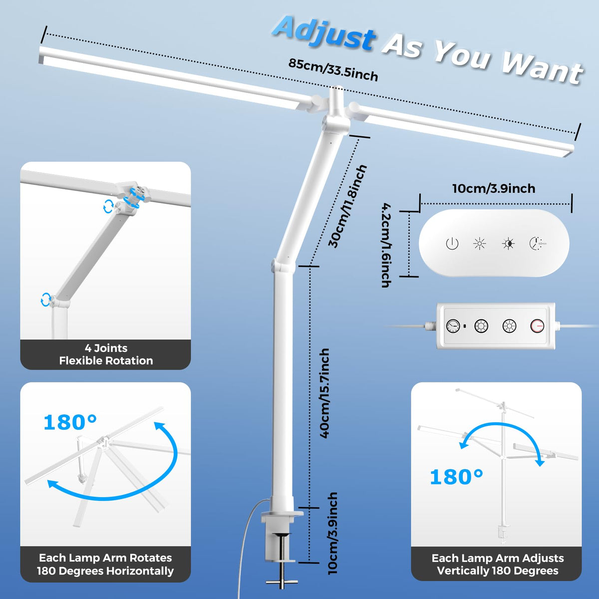 Airlonv LED Desk Lamp with Clamp, 17" Stepless Dimming Light, Black