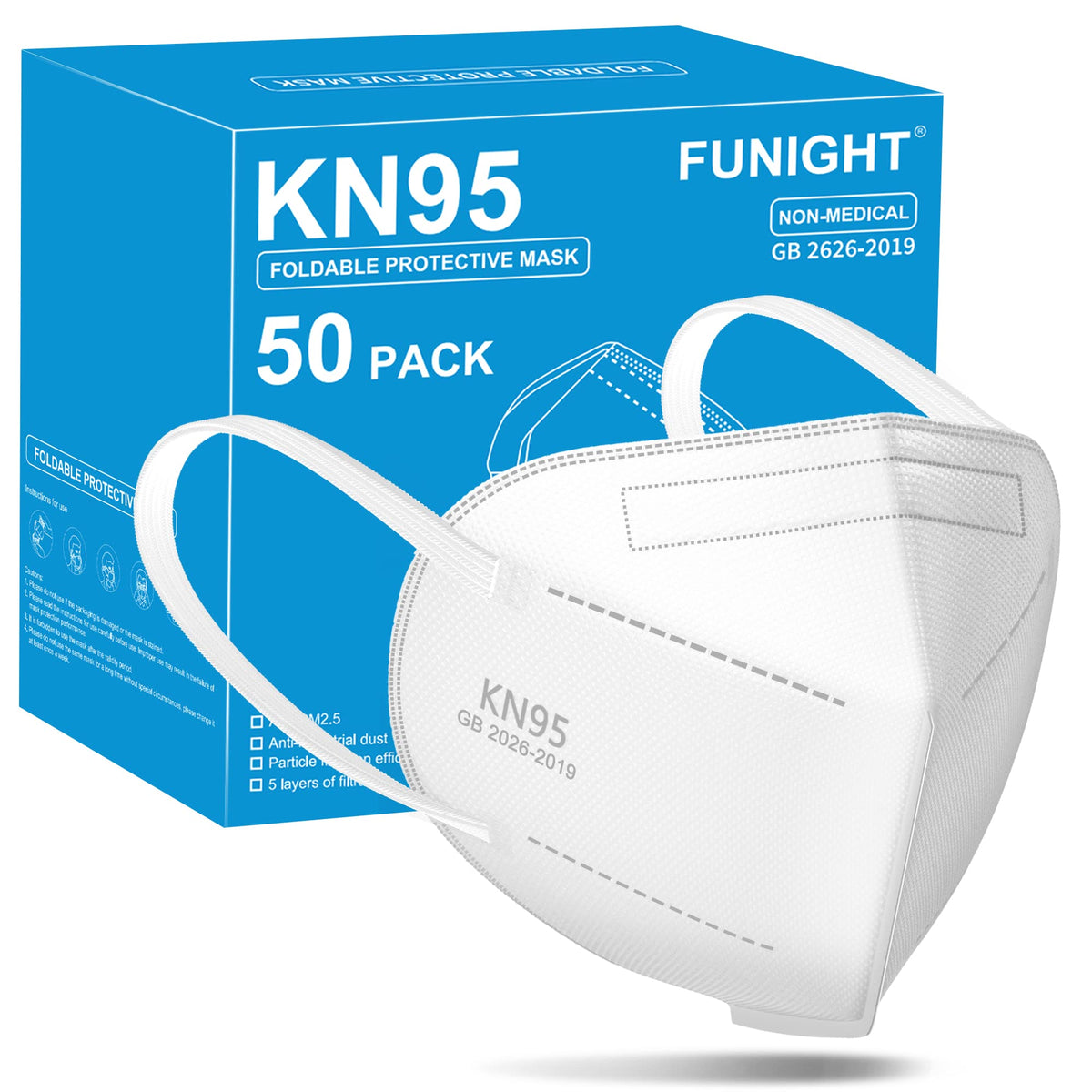 Funight KN95 Face Masks 50 Pack 5-Ply Breathable Filter Disposable Face Masks Black
