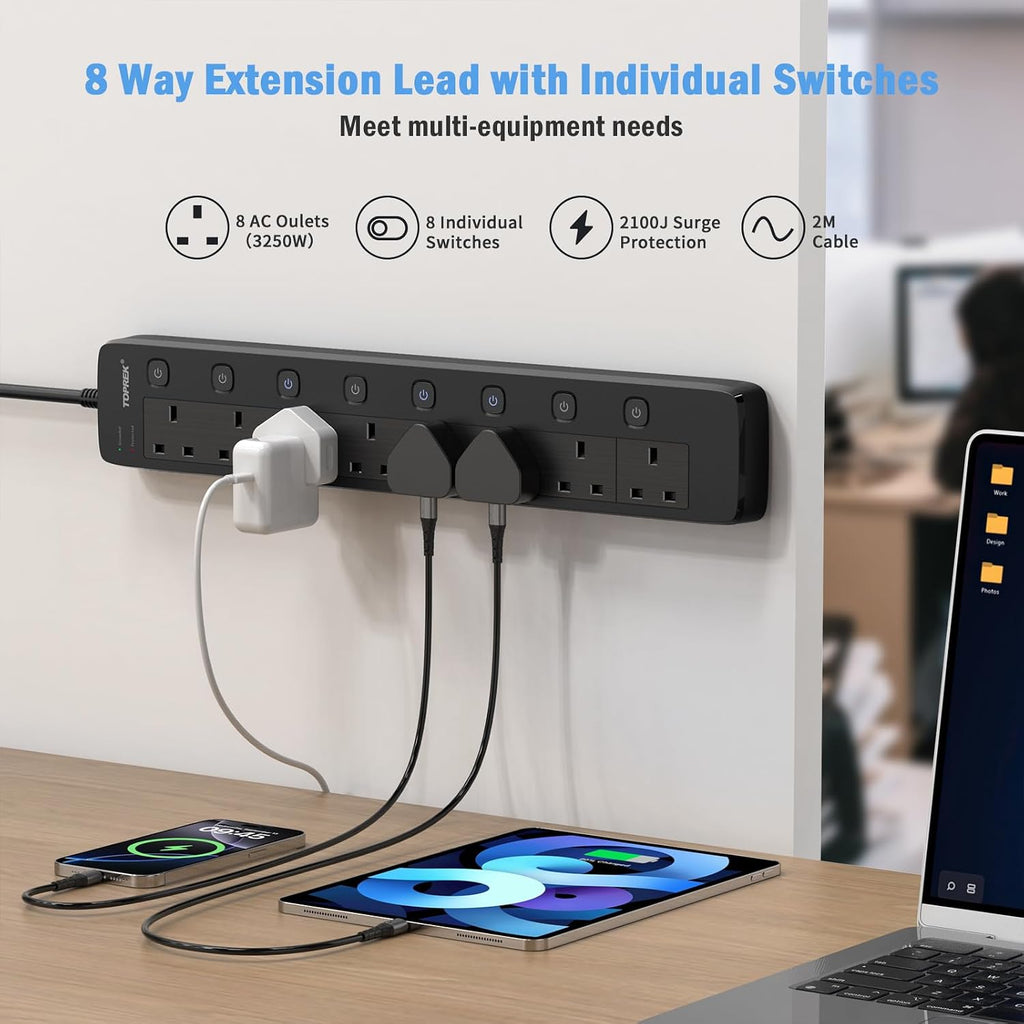TOPREK 8 Way Extension Lead with Individual Switches, 2M Heavy Duty Socket