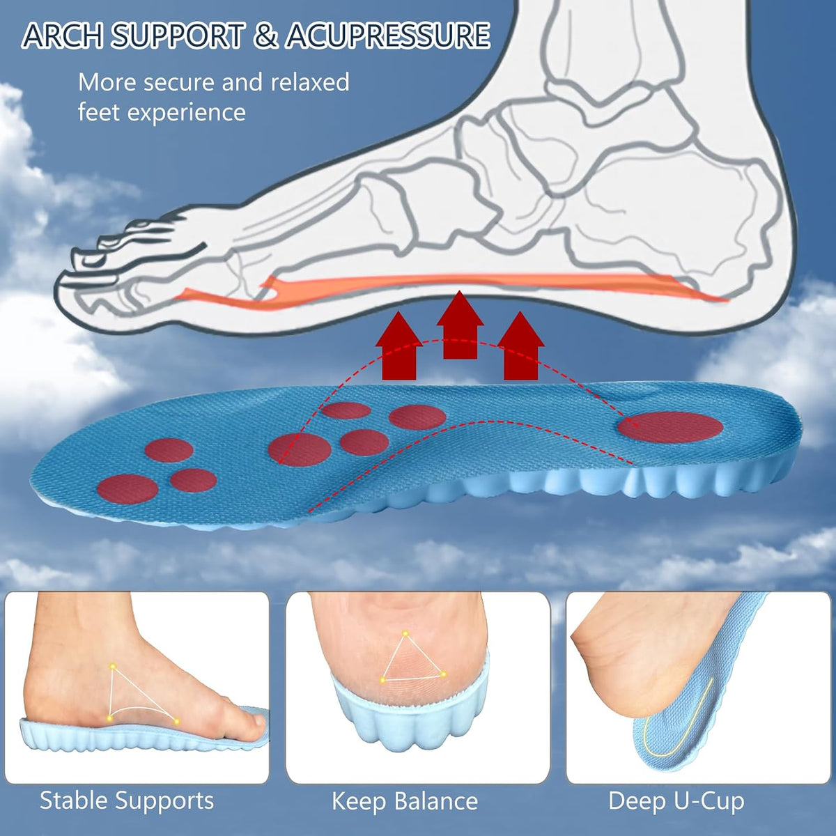Memory Foam Insoles with Arch Support for Women Men,Comfort Massage Insoles Replacement Shoe Inserts for Trainers Sneakers Sports Shoes Work Boots,Breathable,Shock Absorption (8/8.5UK, Black)