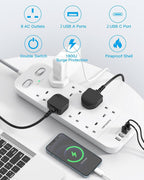 Extension Lead with 2 USB C Slots, 8 Way Power Strip Surge Protector