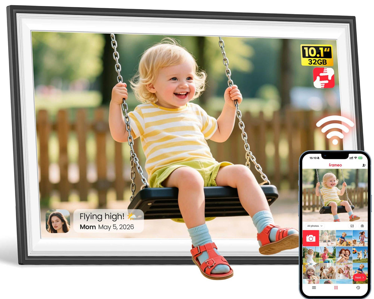 Frameo WiFi Digital Photo Frame 10.1 Inch - 1280x800 HD IPS Touch Screen Picture Frame Electronic, 32GB Memory, Auto Rotate, Wall Mountable, Digital PictureFrame for Sharing Photos and Videos