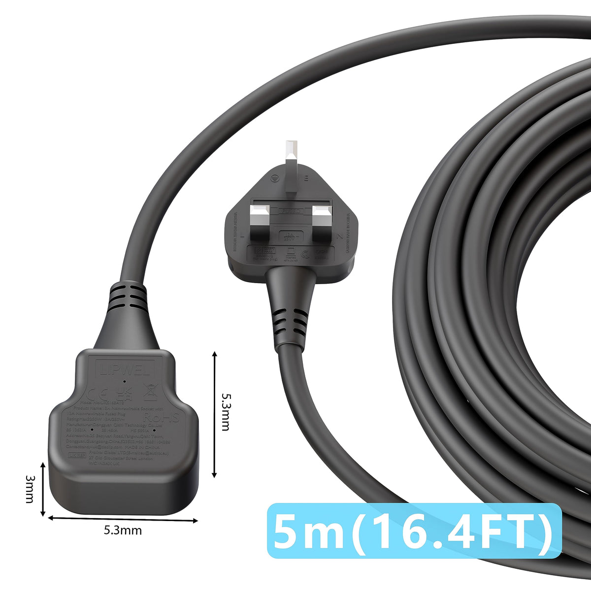 1 Meter Short Extension Lead Single Plug Socket Power Cable 13 Amp Extension Cord Electrical Socket Black