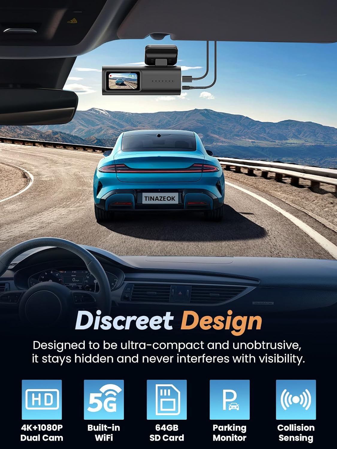 Dash Cam Front and Rear 4K+1080P, 64GB Card, Night Vision, WDR