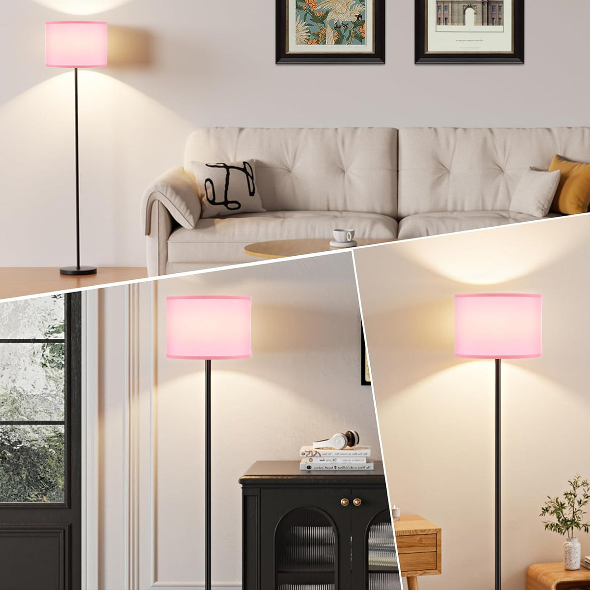 Ambimall Floor Lamp for Living Room with Smart Light Bulb, RGB + Stepless Dimmable Colors Temperature & Brightness(White Shade & Black Pole)