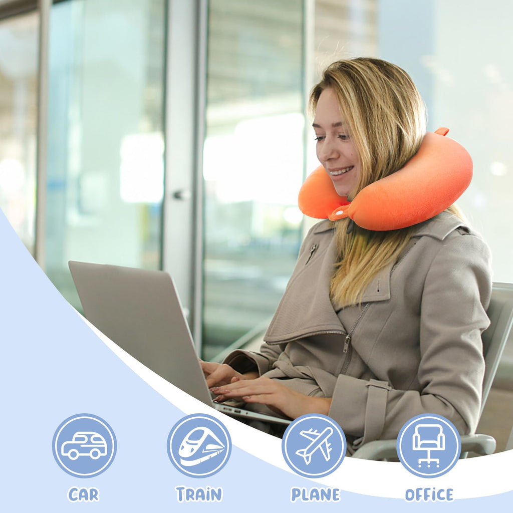 WENGX Travel Neck Pillow With Storage Bag Memory Foam Head Support Flight Pillows Cushion for Airplane Train Car Office Travel Essential for a Long Hauls Sleeping Rest(Pale Pink)