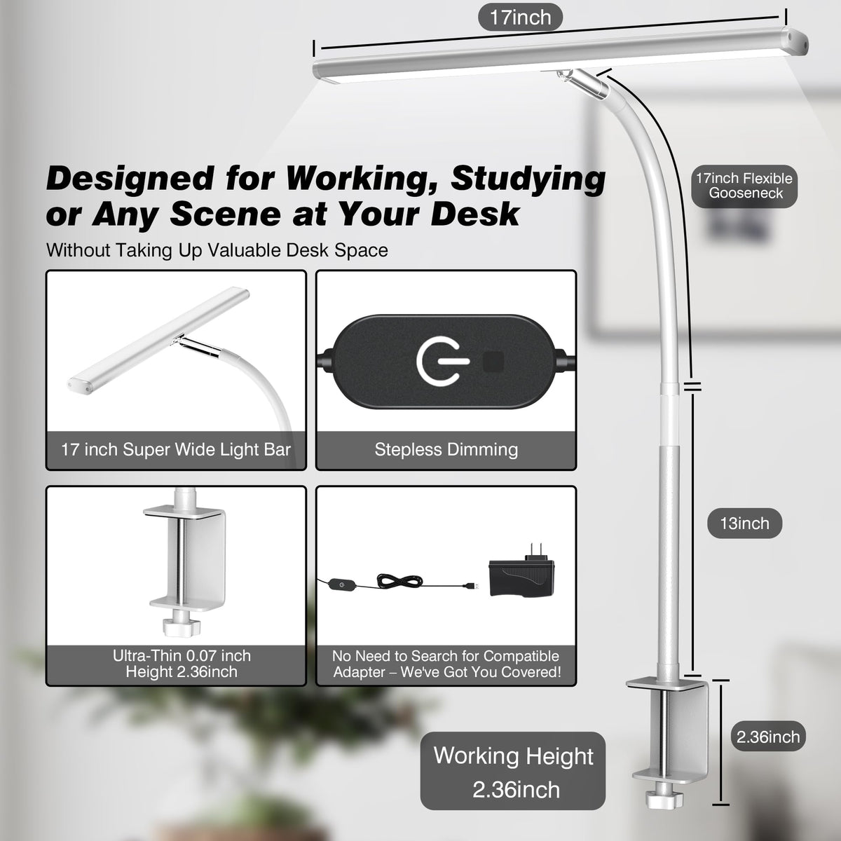 Airlonv LED Desk Lamp with Clamp, 17" Stepless Dimming Light, Black