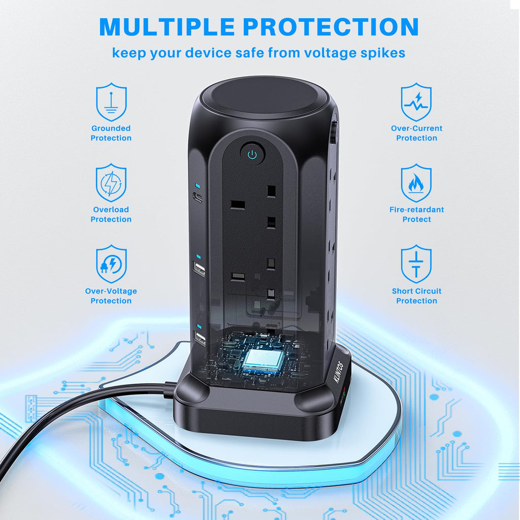 Tower Extension Lead 2M, 12 Way, 6 USB, 4 Independent Switches
