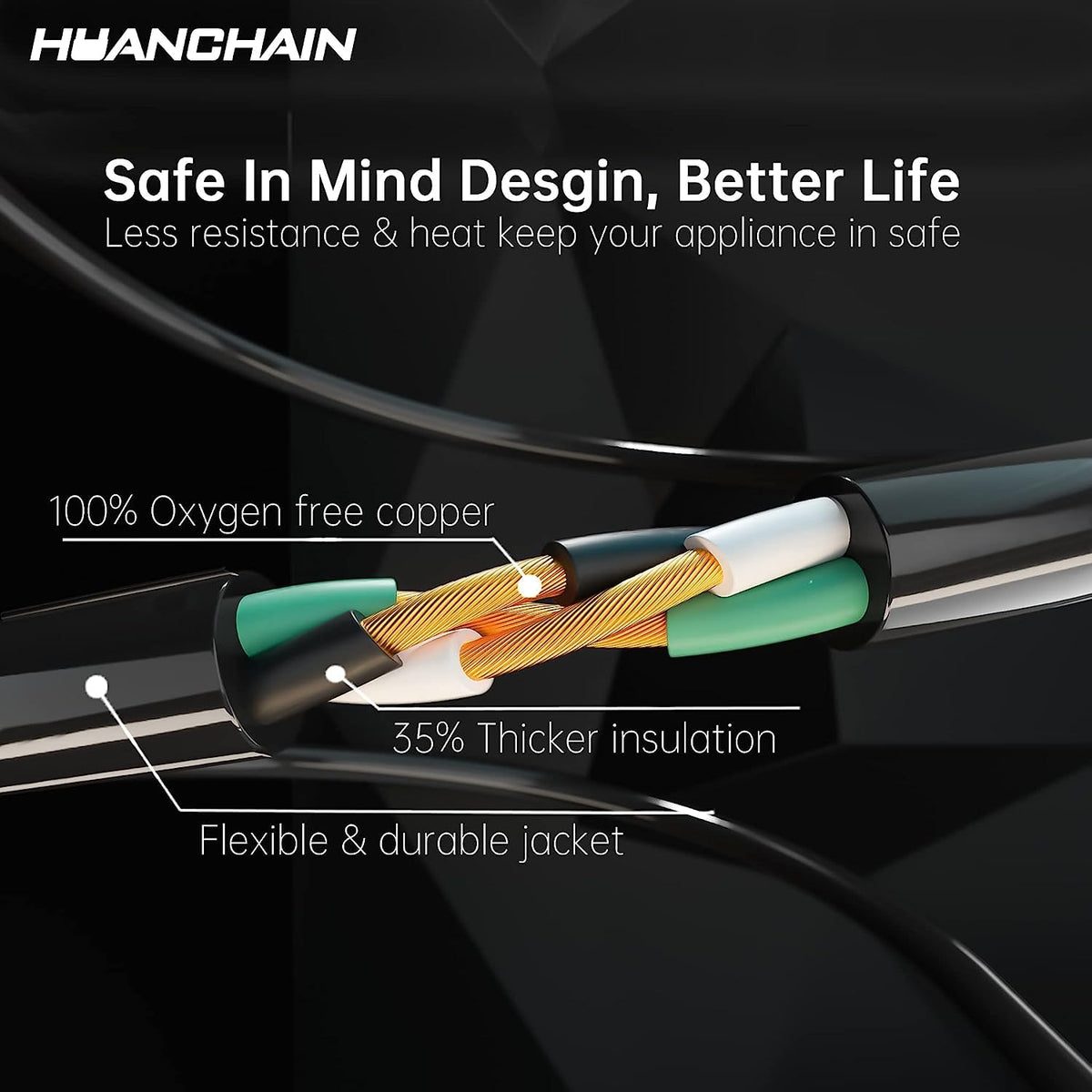 HUANCHAIN Indoor Black Extension Cord 3 FT Waterproof 16/3 Gauge