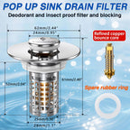 Bathroom Sink Drain Strainer,(2PCS) Pop-up Sink Drain Strainer with Removable Stainless Steel Strainer Basket Hair Catcher, Bathroom Sink Strainer for Bathroom Sink Stopper Replacement