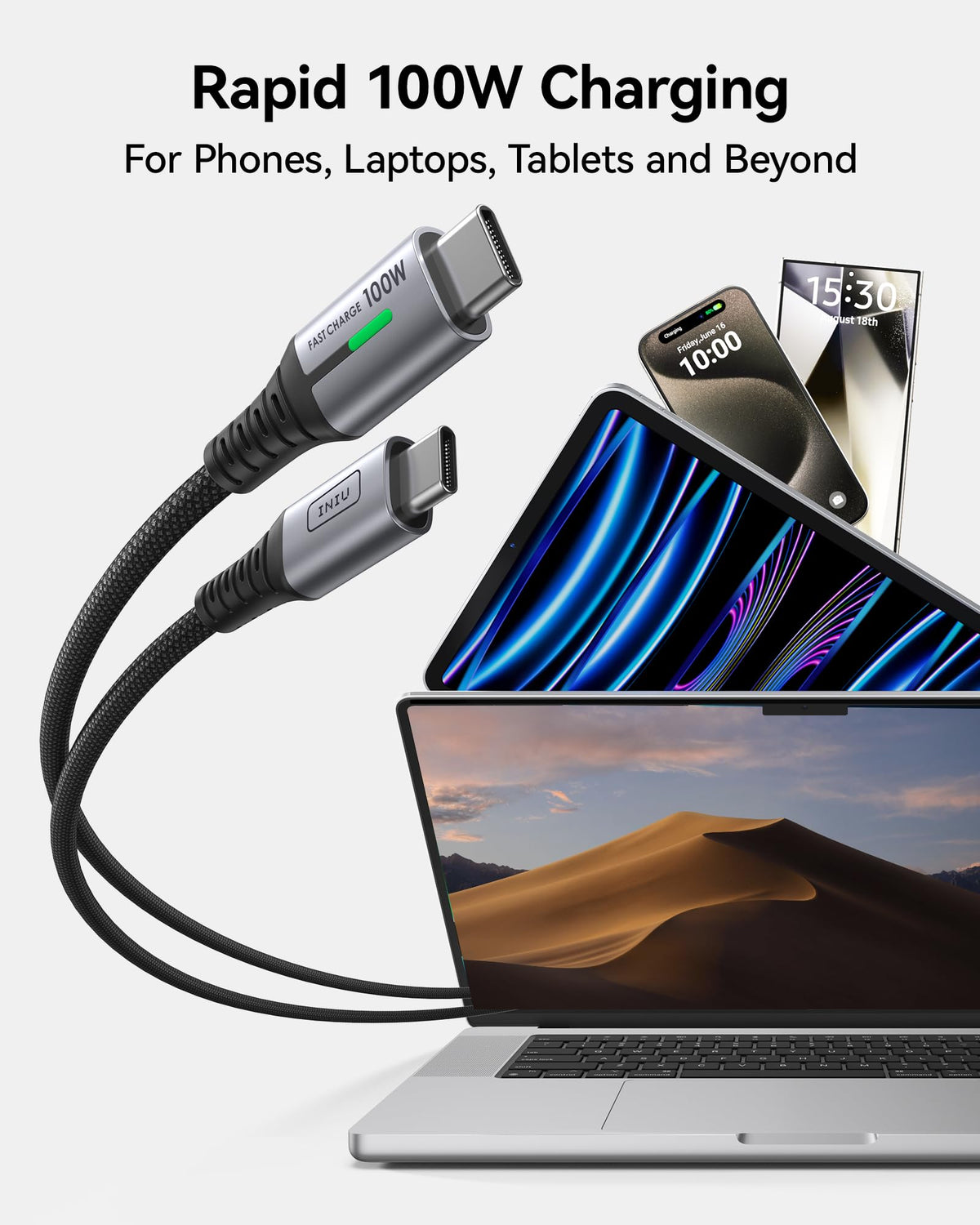 INIU USB C Cable, 2m White 100W Fast Charging Type C Cable